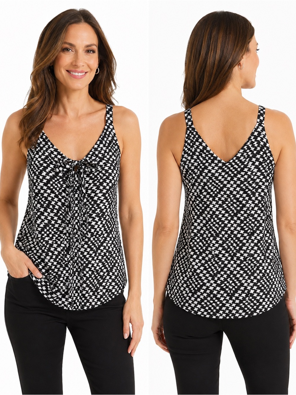 White House Black Market Black White Houndstooth Tie Front Blouse 8, EUC